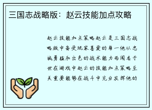 三国志战略版：赵云技能加点攻略